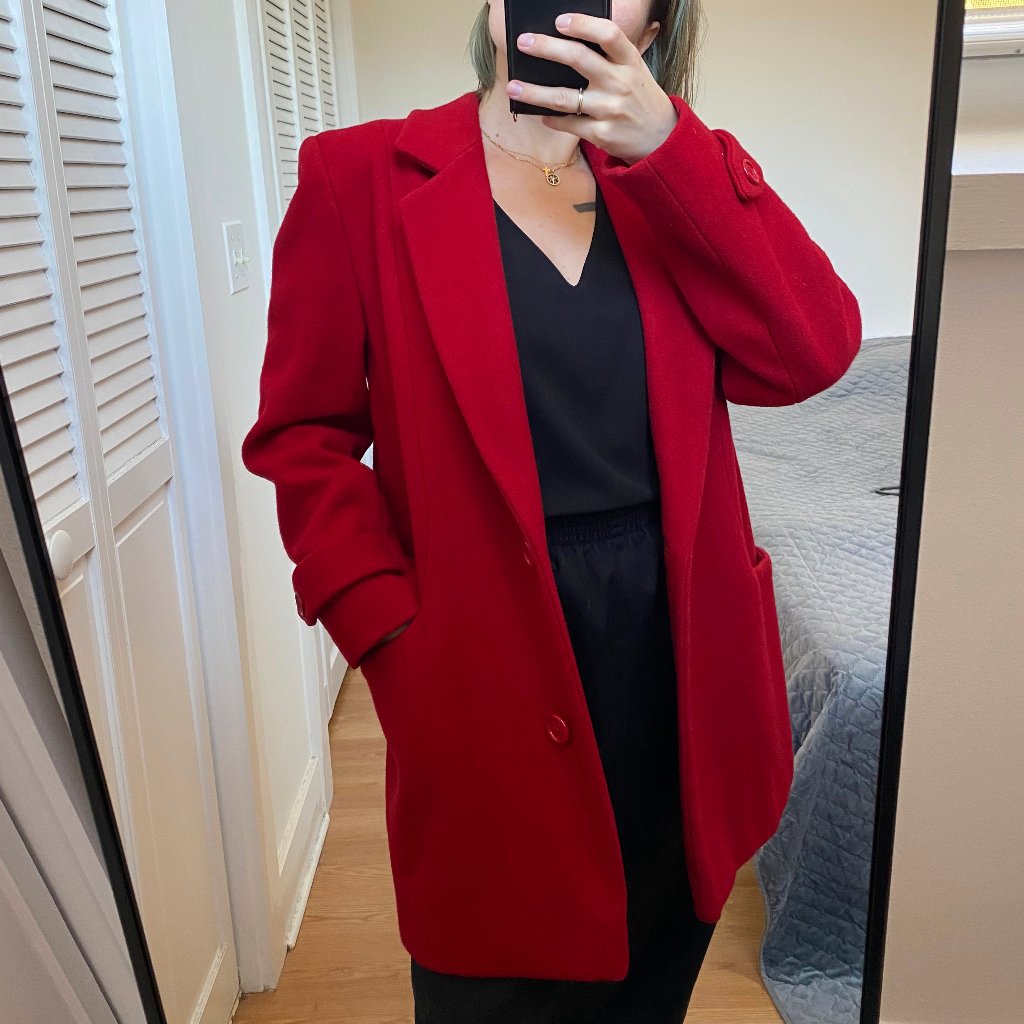 Classy Red Wool Coat, Vintage Ferncroft Buttoned Coat, Basic Spring Pea Coat